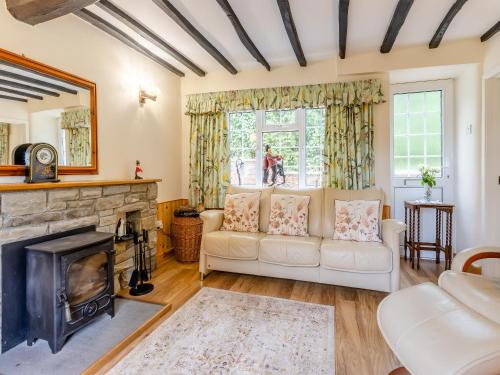 a living room with a couch and a fireplace at Mavis Cottage in Kington