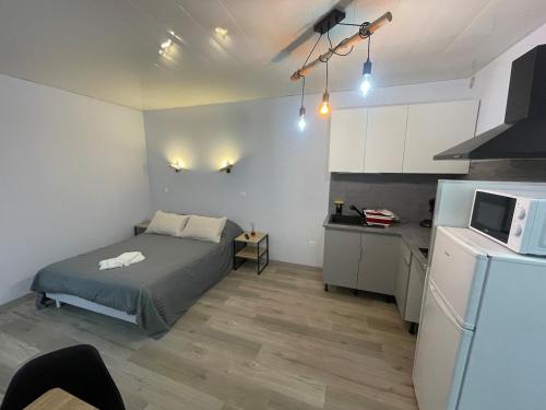 a small bedroom with a bed and a refrigerator at Le nid des sources studio in Bourbonne-les-Bains