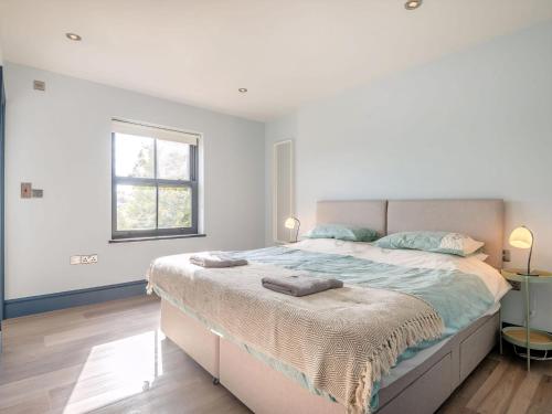 a white bedroom with a large bed with blue pillows at Gwrlodde in Talgarth