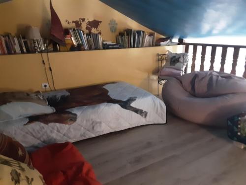a bedroom with two beds and a dog laying on the floor at Gallinette, joli appartement avec terrasse privative in Rigaud