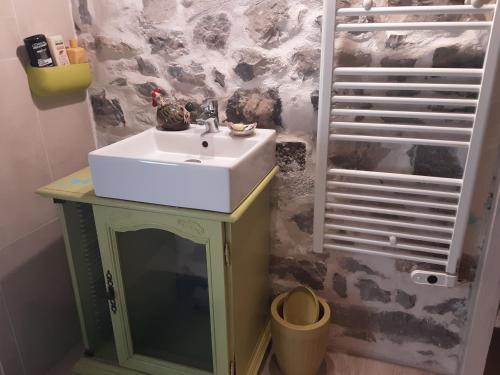 a bathroom with a white sink and a wall at Gallinette, joli appartement avec terrasse privative in Rigaud