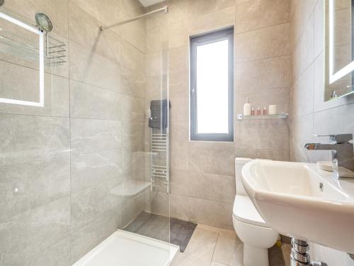 a bathroom with a sink and a toilet and a shower at Blodfryn in Llandudno Junction