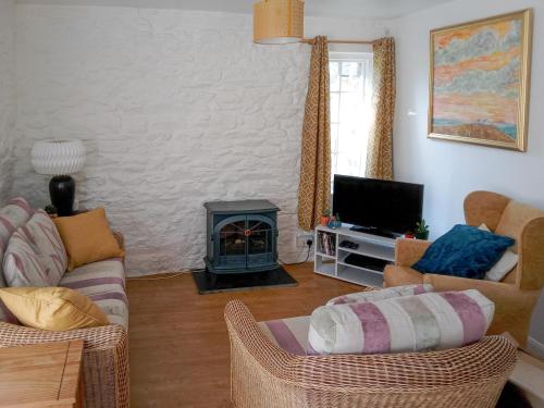 a living room with a fireplace and a tv at Dovecote-Tnq in Camelford