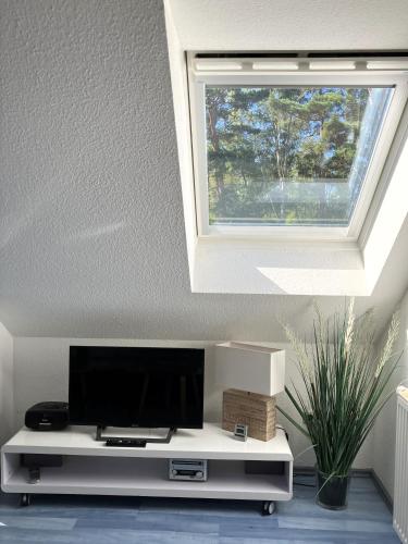 a flat screen tv sitting in a living room with a window at App 255Haus 6 in Dierhagen