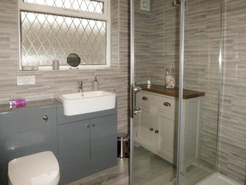 a bathroom with a toilet and a sink and a shower at Ash Cottage E1224 in Winthorpe