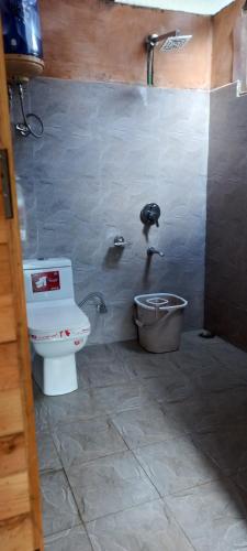 a bathroom with a toilet and a bucket at Skytouch cottage stargazing in Jibhi