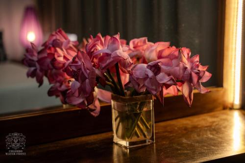 a vase filled with pink flowers sitting on a table at COLOMBO Water Front in Boralesgamuwa