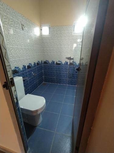 a bathroom with a toilet and a shower with blue tiles at Desert Dream Apartment in Merzouga
