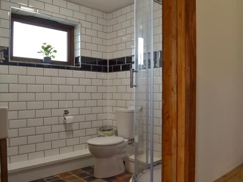 a bathroom with a white toilet and a window at The Stables At The Oaks in Hamstall Ridware