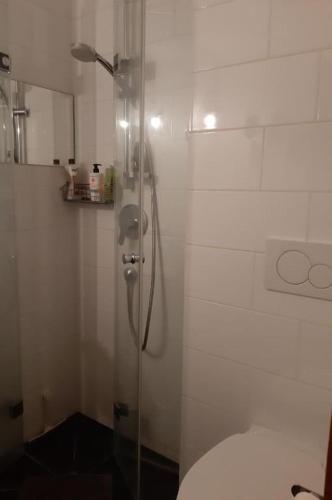 Un baño con ducha de cristal con inodoro. en Petit Combin-Modern 2 Bed, Close to the lift, en Le Châble