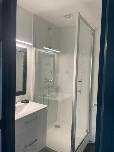 a white bathroom with a shower and a sink at Aux portes des Cévennes in Saint-Hippolyte-du-Fort