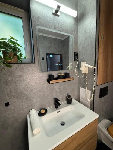 a bathroom with a white sink and a mirror at Fonte Salis Apartman in Egerszalók