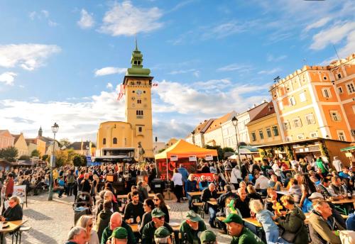 a crowd of people sitting in a square in front of a clock tower at FERIENHAUS Weinviertel in Pernersdorf