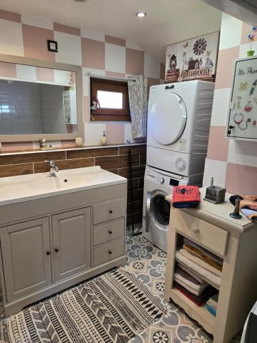 a bathroom with a sink and a washing machine at Chalet piscine chauffée et couverte in Brimeux