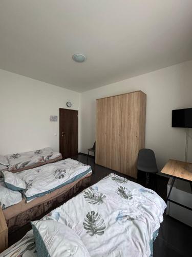 a room with two beds and a desk with a television at Ubytovanie Nitra in Nitra