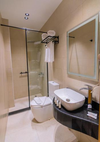 a bathroom with a toilet and a sink and a shower at Elevana Boutique hotel in Cairo