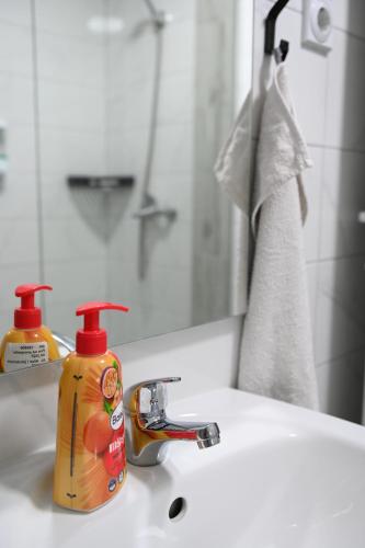a bathroom sink with a bottle of hand soap and a mirror at Sunset terrace in Ilinden