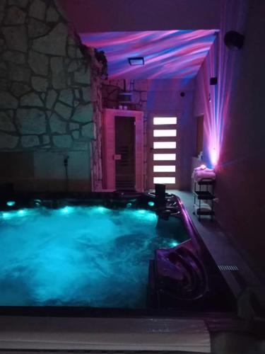 a large swimming pool with blue and purple lights at Penzion Bawaria in Horní Lomná