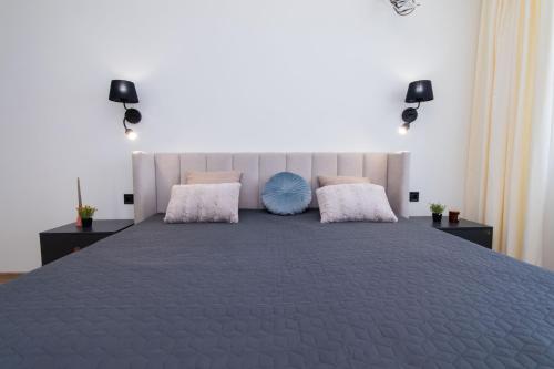 Un dormitorio con una cama grande con dos almohadas. en Prime Business Apartments Cherkaska, en Petropavlovskaya Borshchagovka