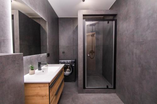 y baño con ducha, lavabo y lavadora. en Prime Business Apartments Cherkaska, en Petropavlovskaya Borshchagovka