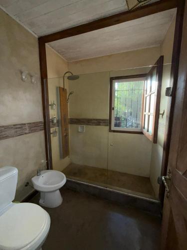 a bathroom with a toilet and a shower and a window at Neike Hotel Boutique in Punta del Este