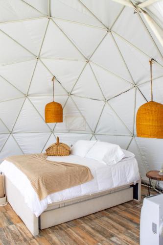 a bedroom with a bed in a triangular wall tent at Orange Eco Villas in Quimbaya
