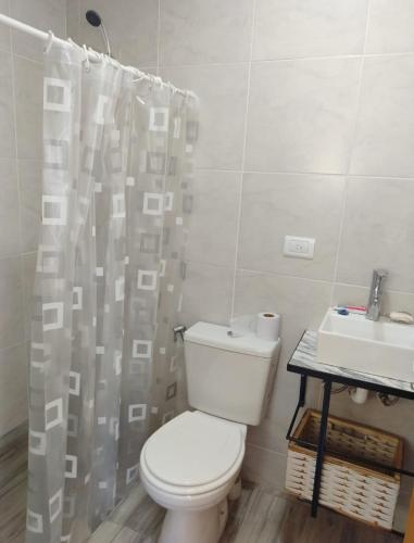 a bathroom with a toilet and a sink and a shower curtain at Tiny House Potrero Cba in Potrero de Garay