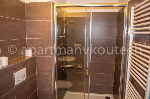 La salle de bains est pourvue d'une douche avec une porte en verre. dans l'établissement Apartmán v Koutech, à Kouty