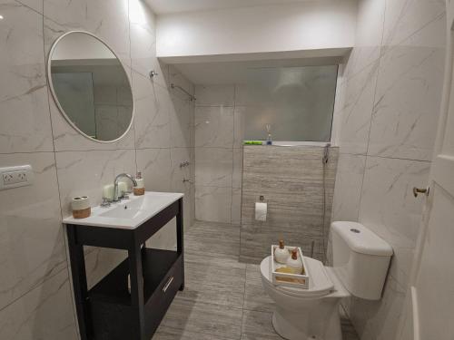 a bathroom with a toilet and a sink and a mirror at PH familiar en La Perla ideal para relax y turismo in Mar del Plata