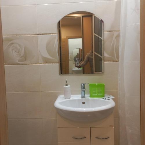 a bathroom with a sink and a mirror at StudioCaffe - апартаменти з самостійним заселенням біля метро Академіка Павлова in Kharkiv