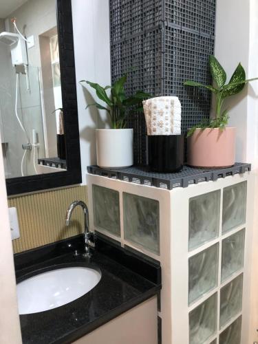 a bathroom sink with potted plants on a shelf at Loft Privativo - Centro BC - com Garagem in Balneário Camboriú
