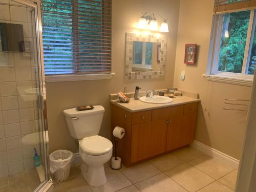 a bathroom with a toilet and a sink and a shower at Shoreside Private room in Sechelt