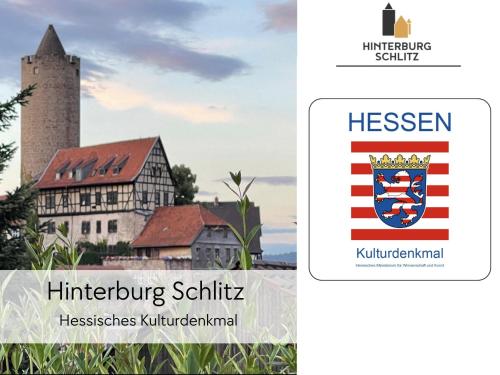 an image of the hintergang schiltitz house and the logo for at GRÄFIN ANNA - Design-Apartment mit 2 Schlafzimmer - in der historischen Hinterburg Schlitz - mit Aufzug, Parkplatz & Garten - nahe Fulda und Bad Hersfeld in Schlitz