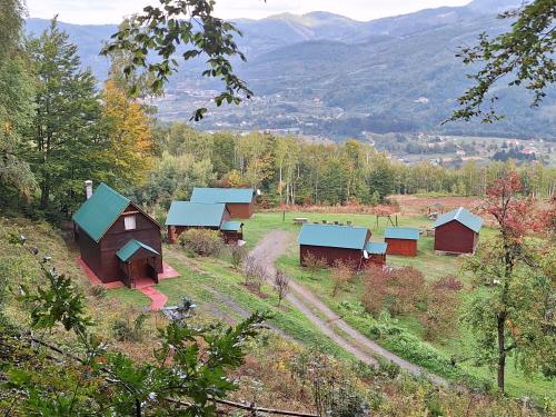a group of barns on a hill with mountains in the background at Kolibe Ćorić in Mojkovac