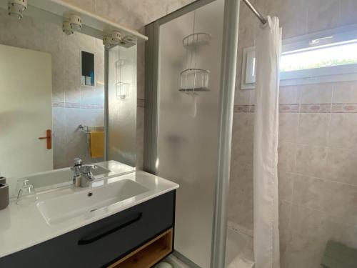 a bathroom with a sink and a shower at Les gîtes de Pailhès in Pailhès