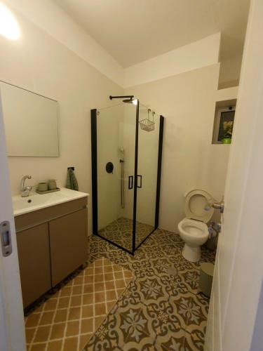 a bathroom with a shower and a toilet at שירה רבקה in Tiberias