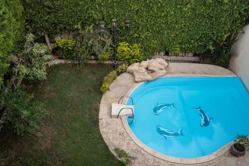an overhead view of a swimming pool in a yard at Luxury Family Villa with Private Pool in Sheikh Zayed Khan in 6th Of October
