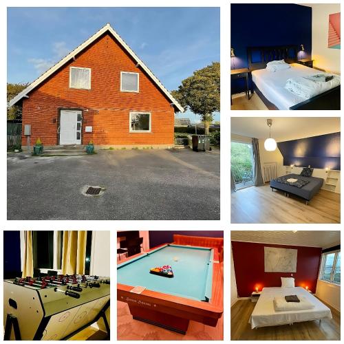 a collage of pictures of a house with a pool table at Seven Palms Villa in Rødby