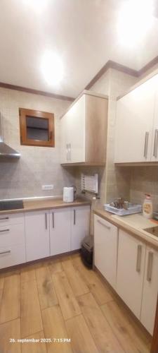 a kitchen with white cabinets and a wooden floor at Vila na Rtnju in Rtanj
