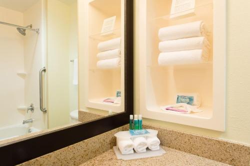 a bathroom with a sink with a mirror and towels at Holiday Inn Express & Suites Walterboro by IHG in Walterboro