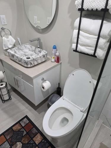 a bathroom with a white toilet and a mirror at Cozy 3-Bedroom Basement Suite with Private Entrance in Winnipeg