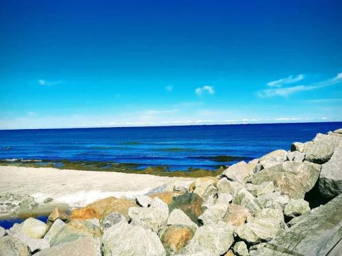 a pile of rocks on a beach near the ocean at Luxury Retreat in albaek - By Traum Ferienwohnungen in Ålbæk