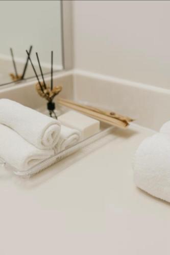 a shelf with towels and a mirror in a bathroom at Luxury 2BR Apartment with Pool, Balcony & Parking in Cambridge