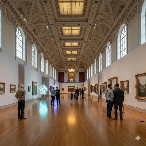 a group of people looking at paintings in an art museum at Bridge Park Luxe in Dublin