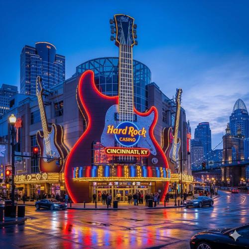 a large guitar on the front of a hard rock building at The Covington Cottage Modern 2 BDR Charmer in Covington