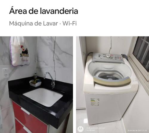 Un baño pequeño con inodoro y lavabo. en 2 Quartos Praia Capão Novo - Capão da Canoa RS, en Capão da Canoa
