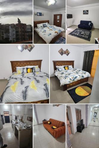 a collage of photos of a bedroom with two beds at Ramo in Dakar