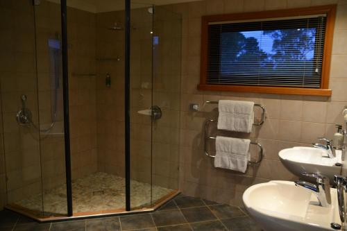 a bathroom with a shower and a sink at Meringa Springs in Halls Gap