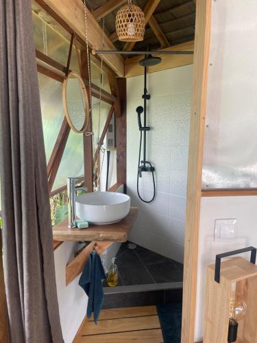 a bathroom with a sink and a mirror at Fare Mãhanahana in Taoru