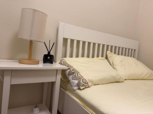 a bed with a nightstand and a lamp on a table at Dublin Cozy Room in Ballsbridge - near Grand Canal &Aviva in Dublin